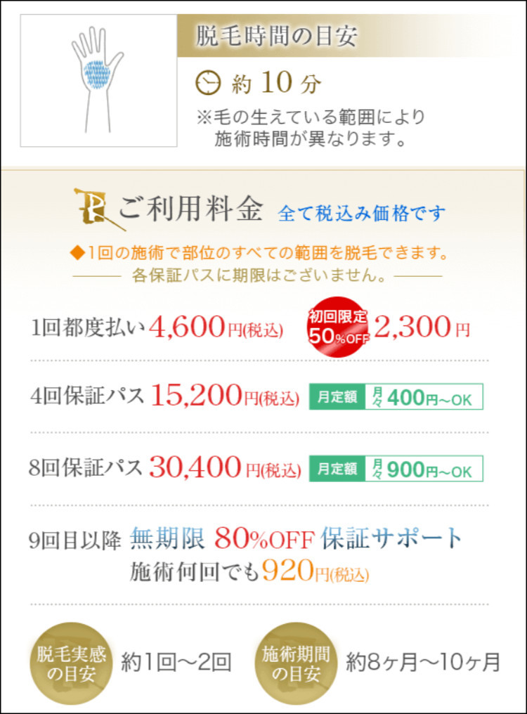 手の甲の脱毛の料金目安